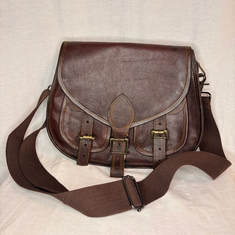 Vintage Brown Leather Messenger Bag Crossbody Satchel Buckle Multi Pocket 13"